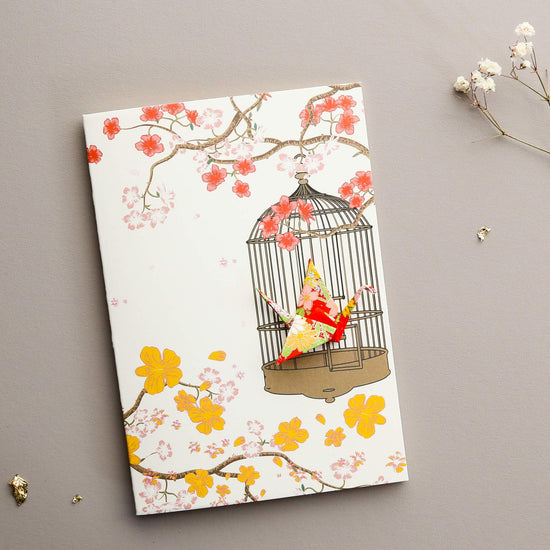 Card Crane in Cage Flowers Red