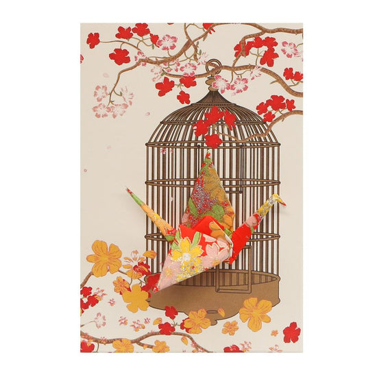 Small Card Crane in Cage Flowers Red